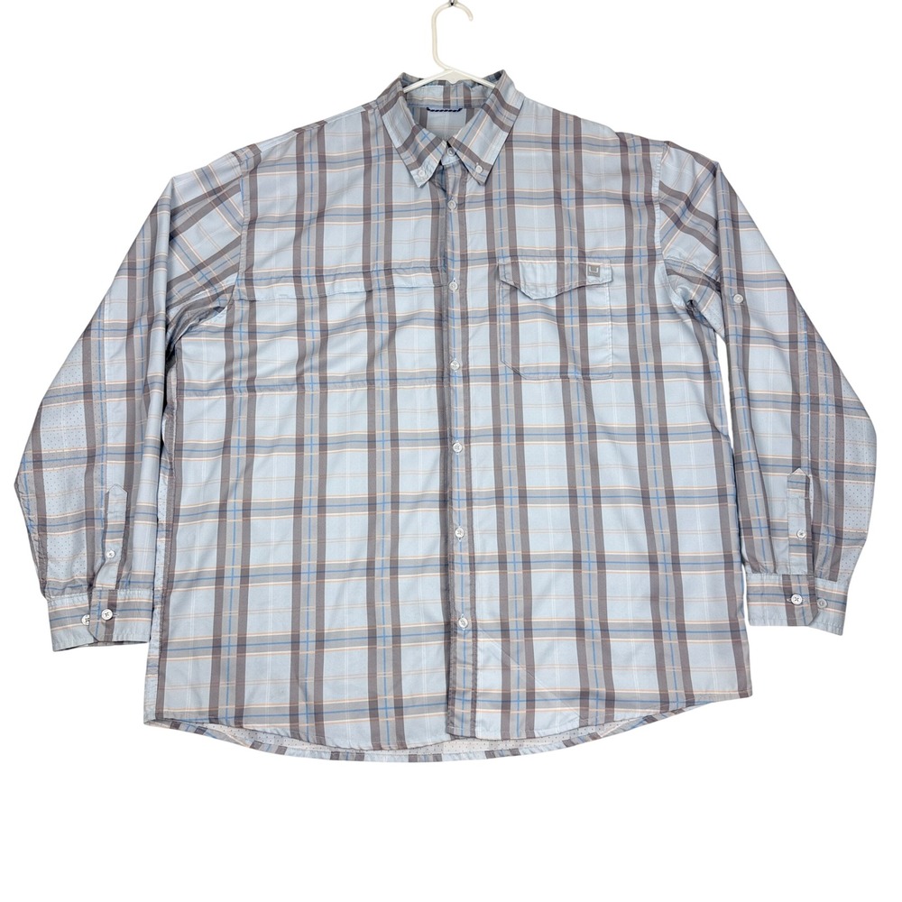 Huk Performance Fishing Shirt 2XL Blue Plaid Long Sleeve Button Down Vented
